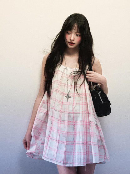 1P STUDIO Pink Plaid Cutout Shoulder Pleated A Line Vest Women&