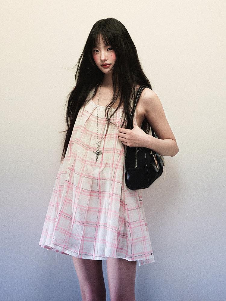 1P STUDIO Pink Plaid Cutout Shoulder Pleated A Line Vest Women&