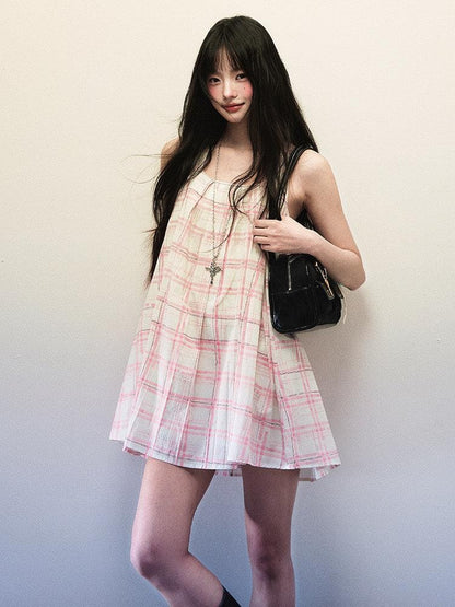 1P STUDIO Pink Plaid Cutout Shoulder Pleated A Line Vest Women&