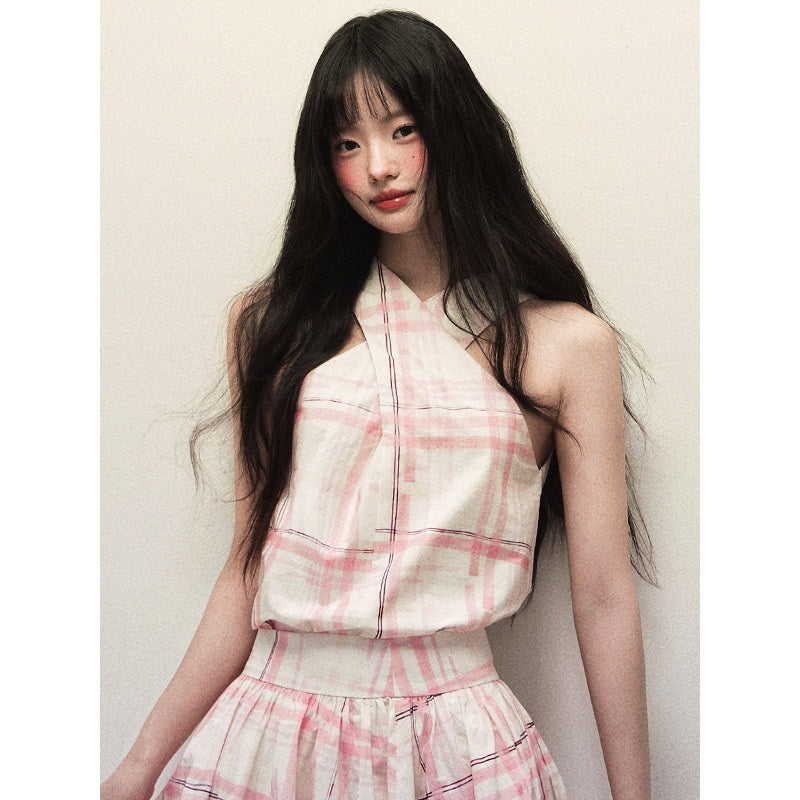 1P_STUDIO_Pink_Stripe_Plaid_Cross_Neck_Halter_Women&