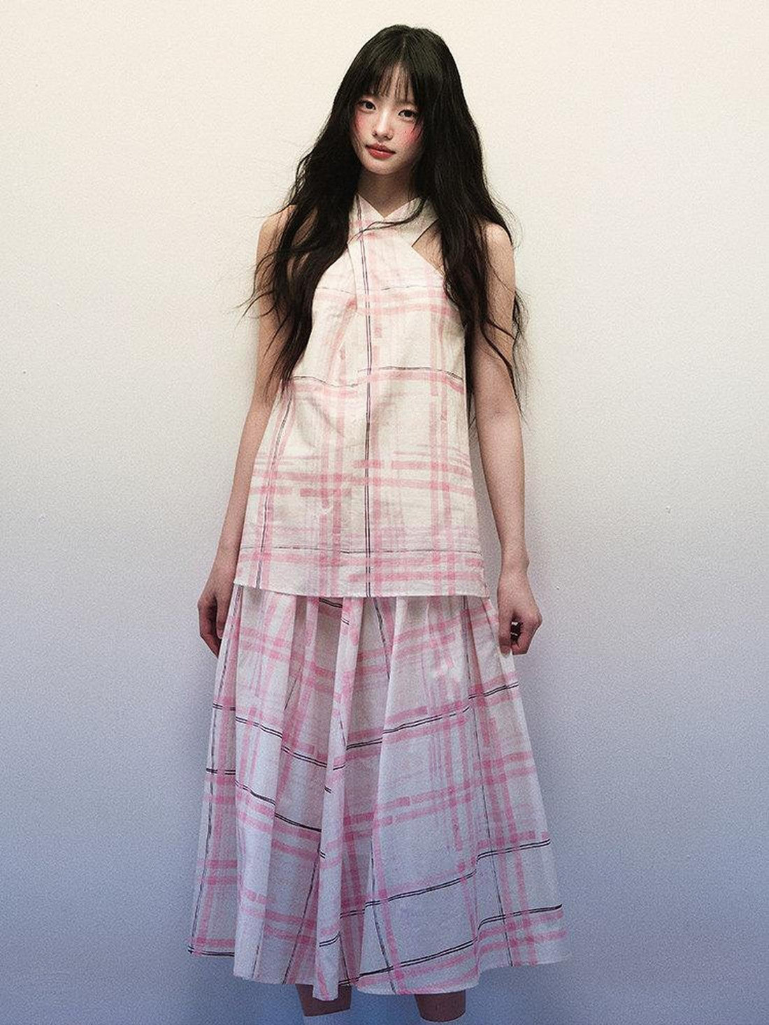1P STUDIO Pink Stripe Plaid Cross Neck Halter Women&