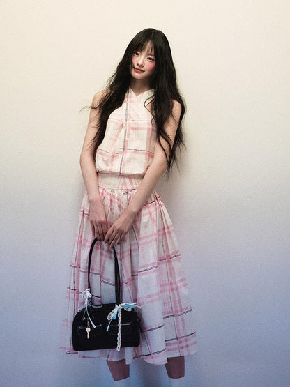 1P STUDIO Pink Stripe Plaid Cross Neck Halter Women&