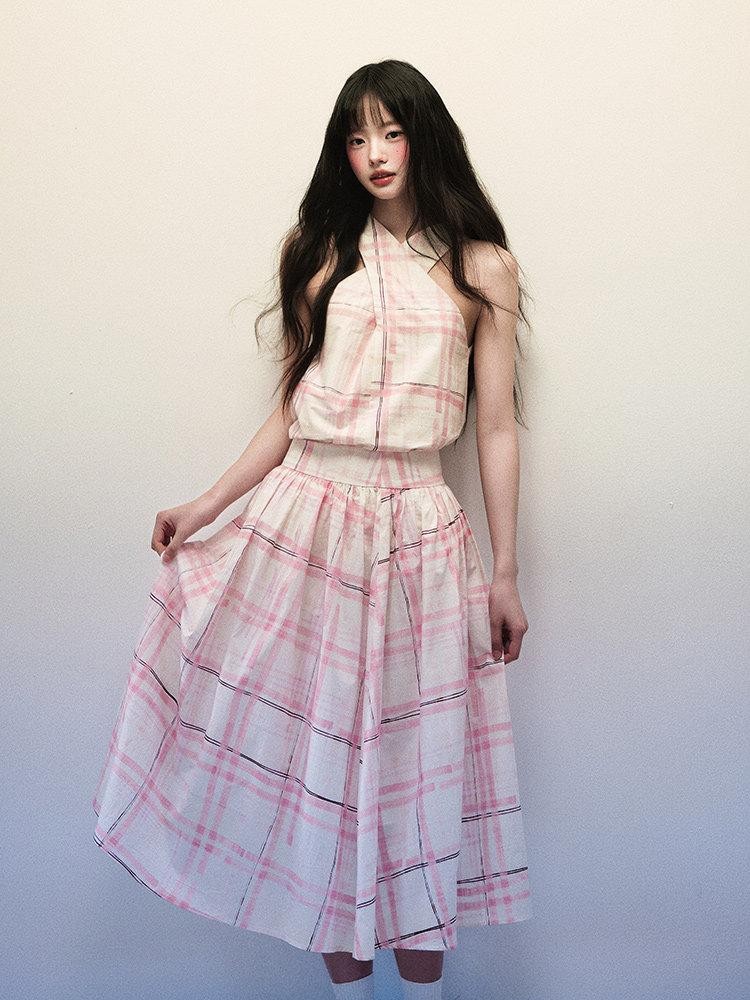 1P STUDIO Pink Stripe Plaid Cross Neck Halter Women&