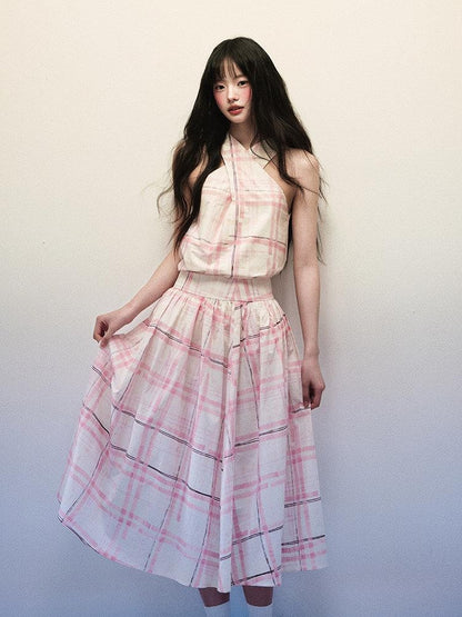 1P STUDIO Pink Stripe Plaid Cross Neck Halter Women&