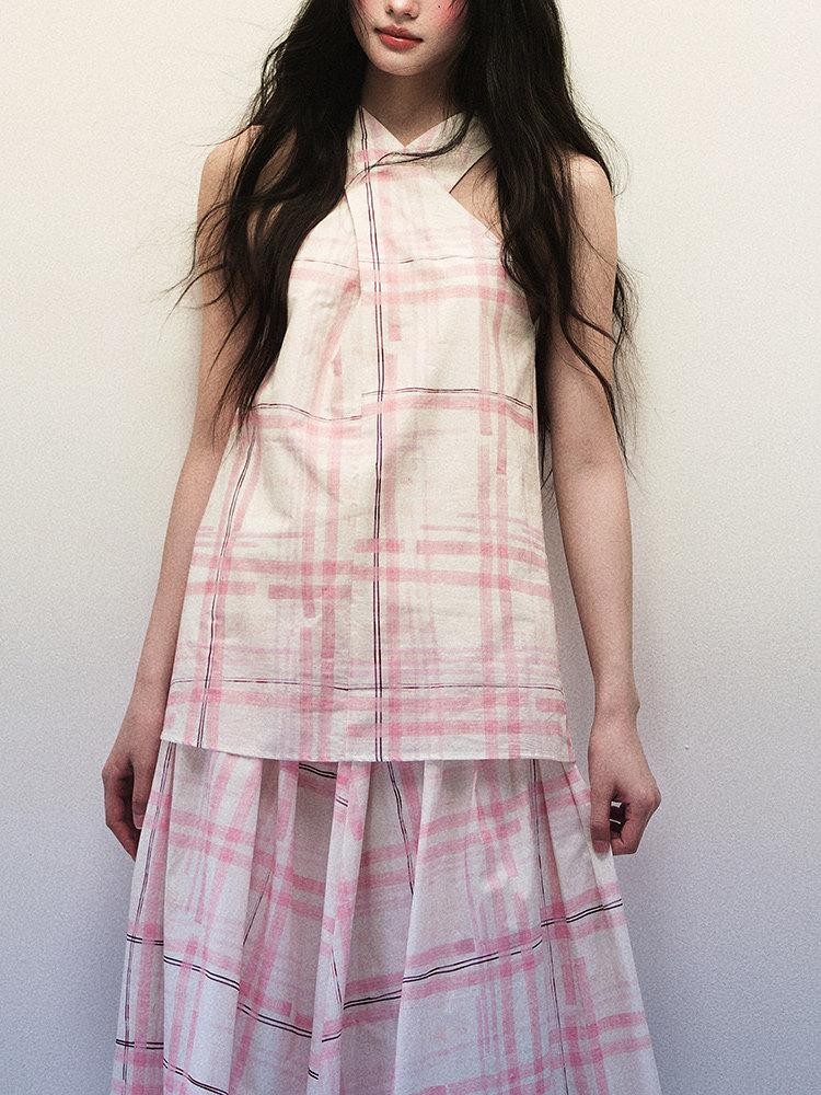1P STUDIO Pink Stripe Plaid Cross Neck Halter Women&