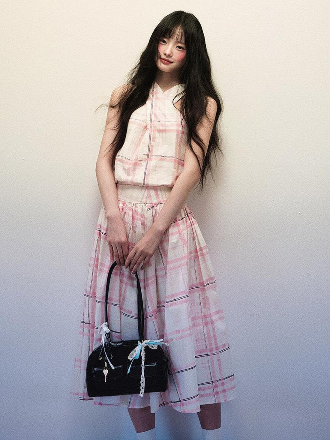 1P STUDIO Pink Stripe Plaid Cross Neck Halter Women&