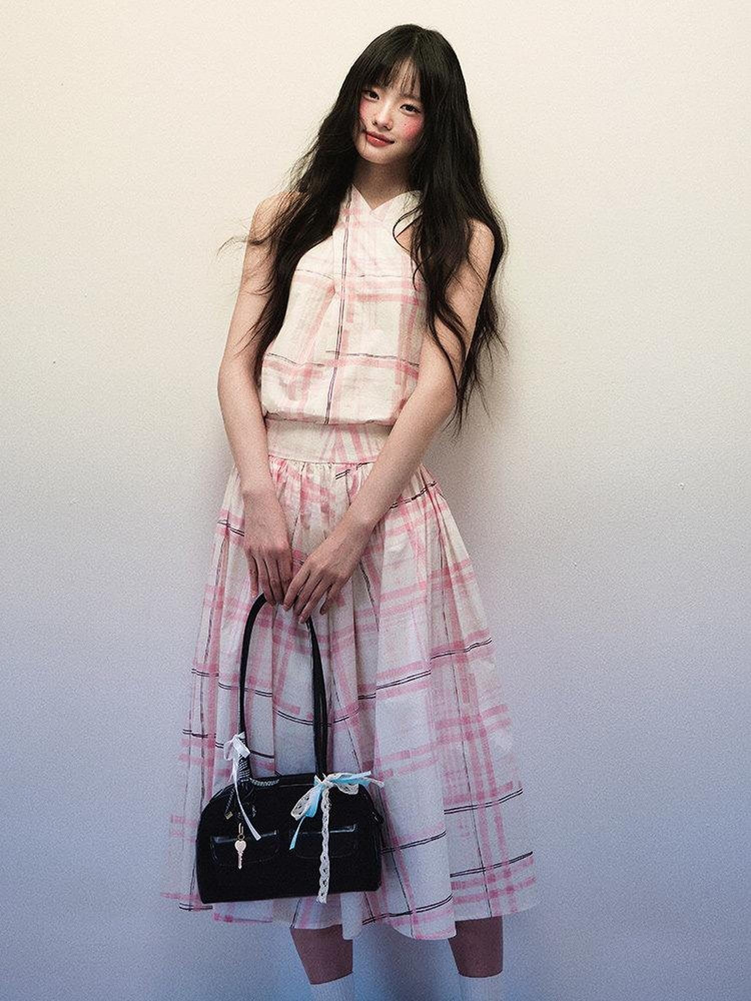 1P STUDIO Pink Stripe Plaid Cross Neck Halter Women&