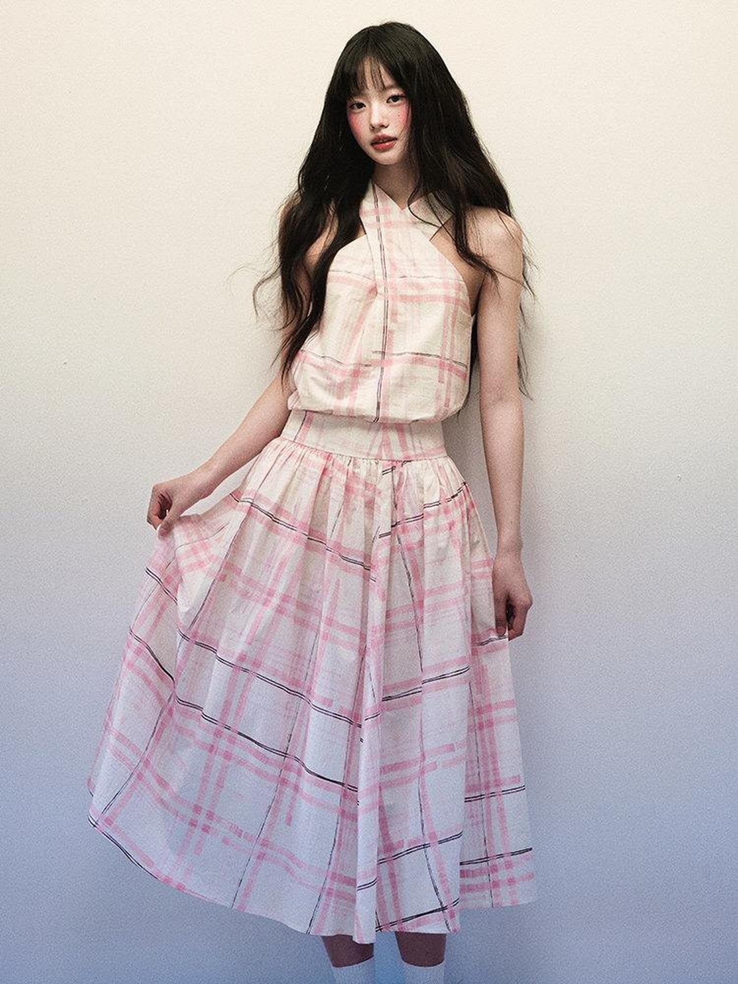 1P STUDIO Pink Stripe Plaid Cross Neck Halter Women&