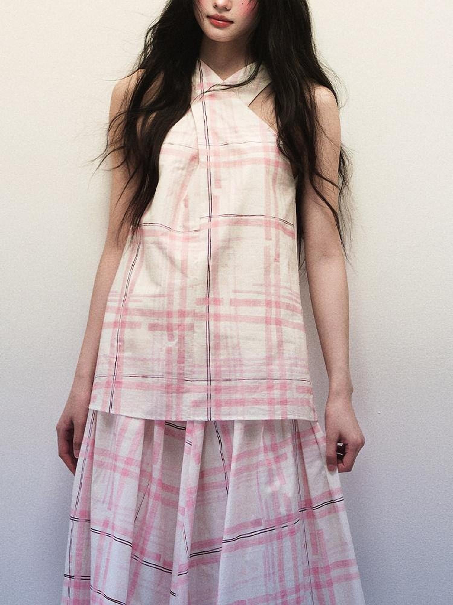 1P STUDIO Pink Stripe Plaid Cross Neck Halter Women&