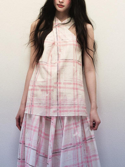 1P STUDIO Pink Stripe Plaid Cross Neck Halter Women&