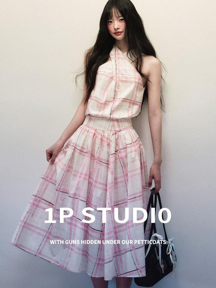 1P STUDIO Pink Stripe Plaid Cross Neck Halter Women&