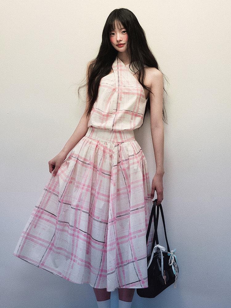 1P STUDIO Pink Stripe Plaid Cross Neck Halter Women&