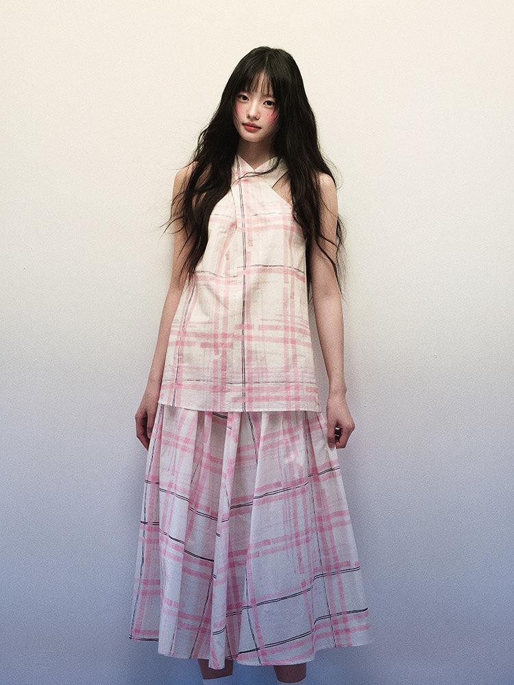 1P STUDIO Pink Stripe Plaid Cross Neck Halter Women&