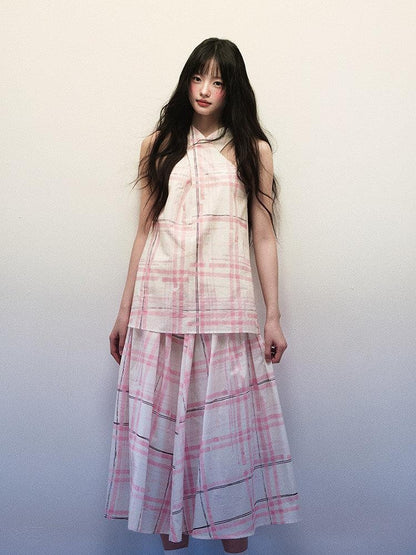 1P STUDIO Pink Stripe Plaid Cross Neck Halter Women&