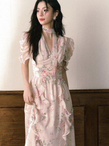 1P STUDIO Pink V-neck Ruffle Sash Halter Waist Women&