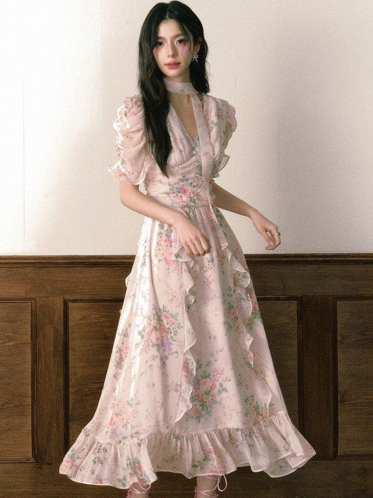 1P STUDIO Pink V-neck Ruffle Sash Halter Waist Women&