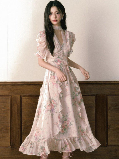 1P STUDIO Pink V-neck Ruffle Sash Halter Waist Women&