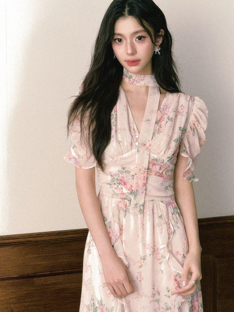 1P STUDIO Pink V-neck Ruffle Sash Halter Waist Women&