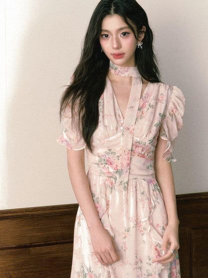 1P STUDIO Pink V-neck Ruffle Sash Halter Waist Women&