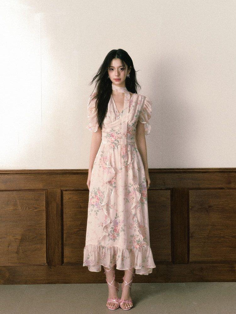 1P STUDIO Pink V-neck Ruffle Sash Halter Waist Women&