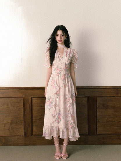 1P STUDIO Pink V-neck Ruffle Sash Halter Waist Women&
