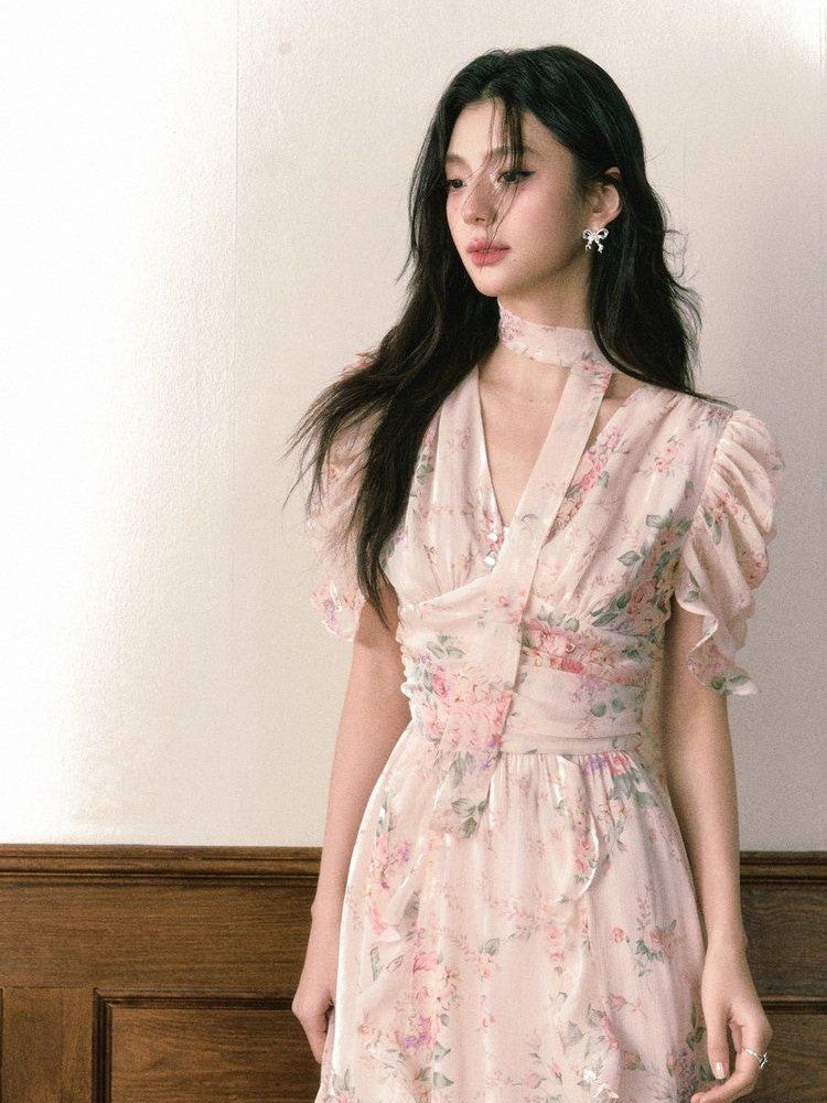 1P STUDIO Pink V-neck Ruffle Sash Halter Waist Women&