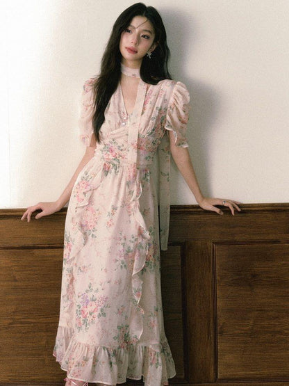 1P STUDIO Pink V-neck Ruffle Sash Halter Waist Women&