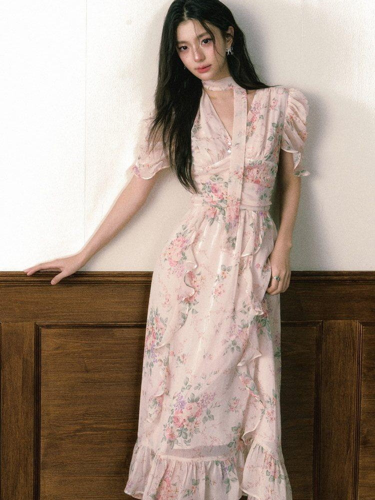 1P STUDIO Pink V-neck Ruffle Sash Halter Waist Women&