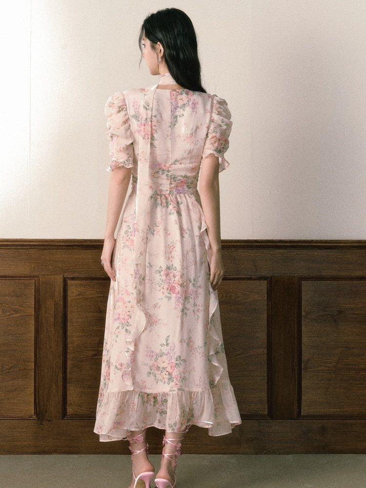 1P STUDIO Pink V-neck Ruffle Sash Halter Waist Women&