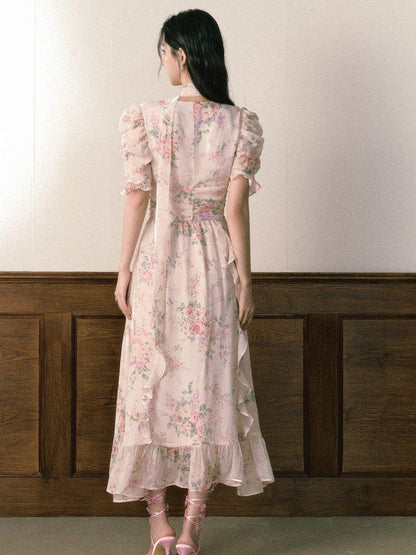 1P STUDIO Pink V-neck Ruffle Sash Halter Waist Women&