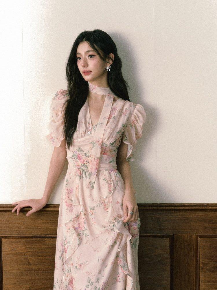 1P STUDIO Pink V-neck Ruffle Sash Halter Waist Women&