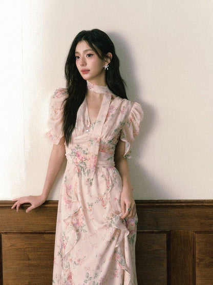 1P STUDIO Pink V-neck Ruffle Sash Halter Waist Women&