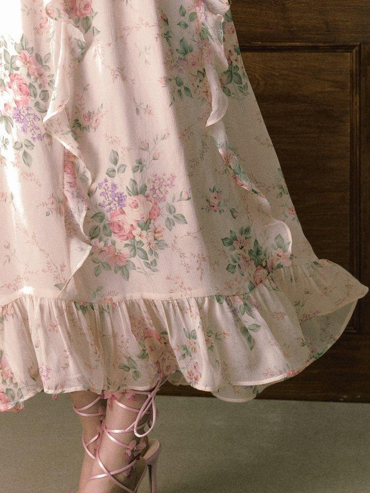 1P STUDIO Pink V-neck Ruffle Sash Halter Waist Women&