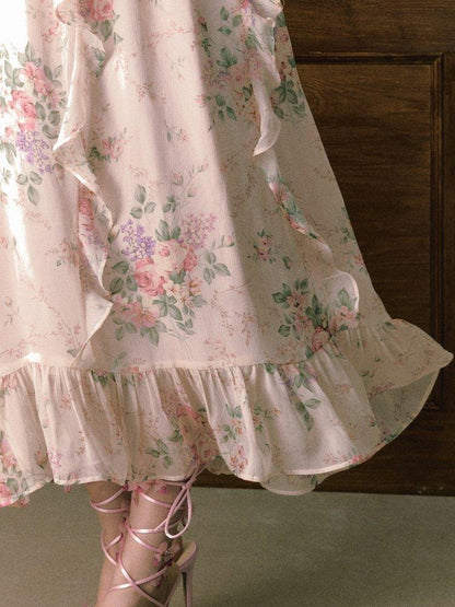 1P STUDIO Pink V-neck Ruffle Sash Halter Waist Women&