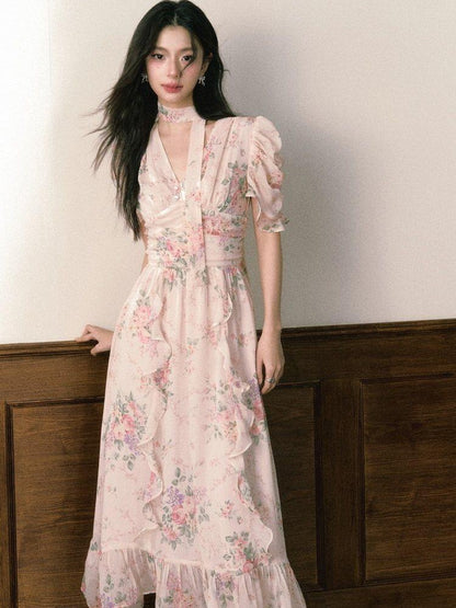 1P STUDIO Pink V-neck Ruffle Sash Halter Waist Women&
