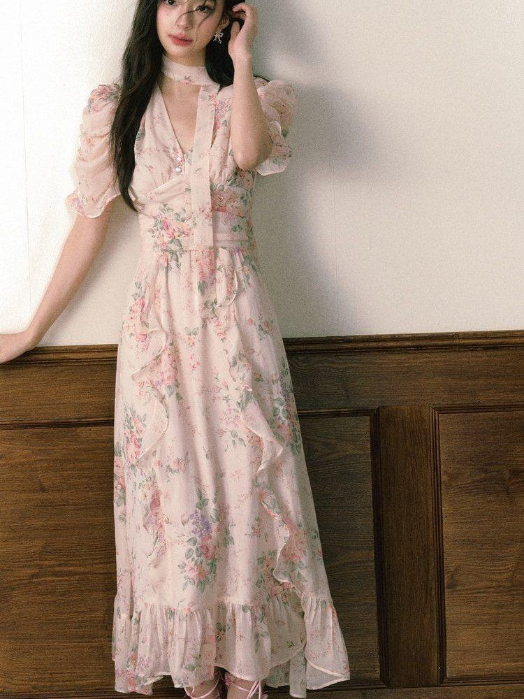 1P STUDIO Pink V-neck Ruffle Sash Halter Waist Women&