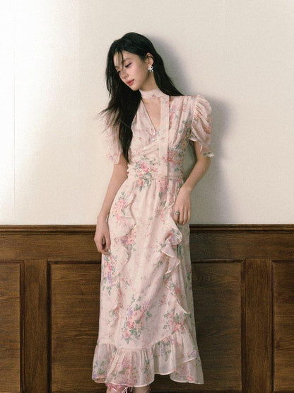 1P STUDIO Pink V-neck Ruffle Sash Halter Waist Women&