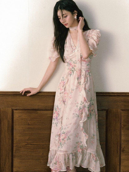 1P STUDIO Pink V-neck Ruffle Sash Halter Waist Women&