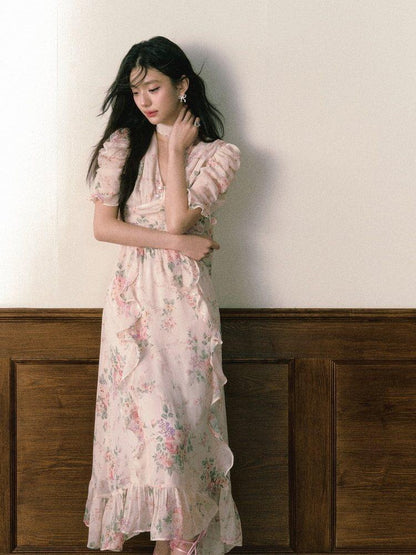1P STUDIO Pink V-neck Ruffle Sash Halter Waist Women&