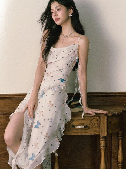 1P STUDIO Polka Dot Butterfly Floral Slit Asymmetric Women&
