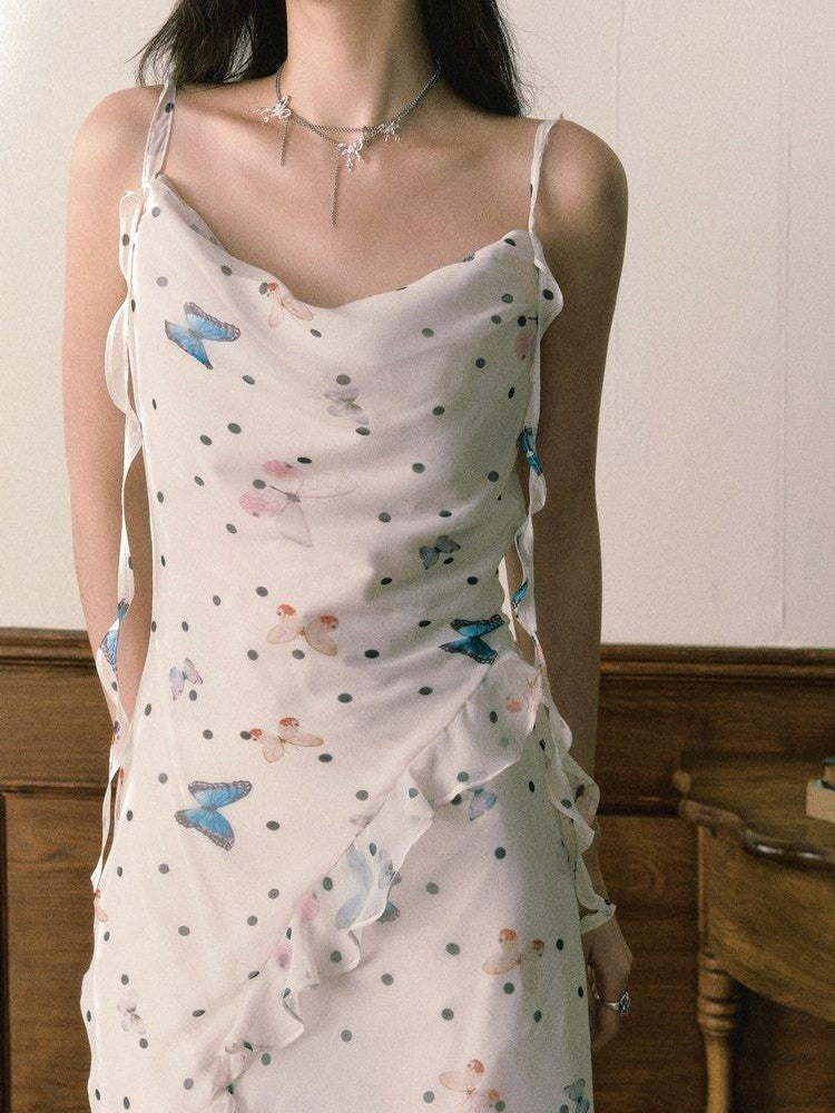 1P STUDIO Polka Dot Butterfly Floral Slit Asymmetric Women&
