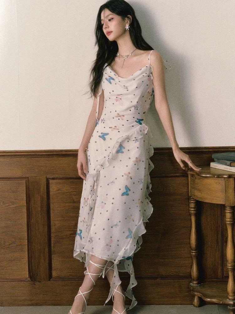 1P STUDIO Polka Dot Butterfly Floral Slit Asymmetric Women&