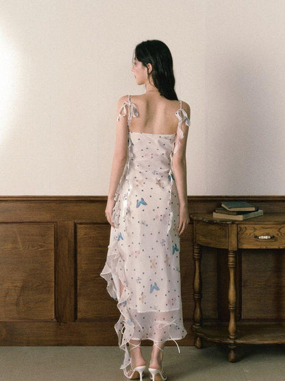 1P STUDIO Polka Dot Butterfly Floral Slit Asymmetric Women&