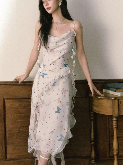 1P STUDIO Polka Dot Butterfly Floral Slit Asymmetric Women&