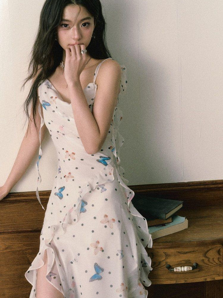 1P STUDIO Polka Dot Butterfly Floral Slit Asymmetric Women&