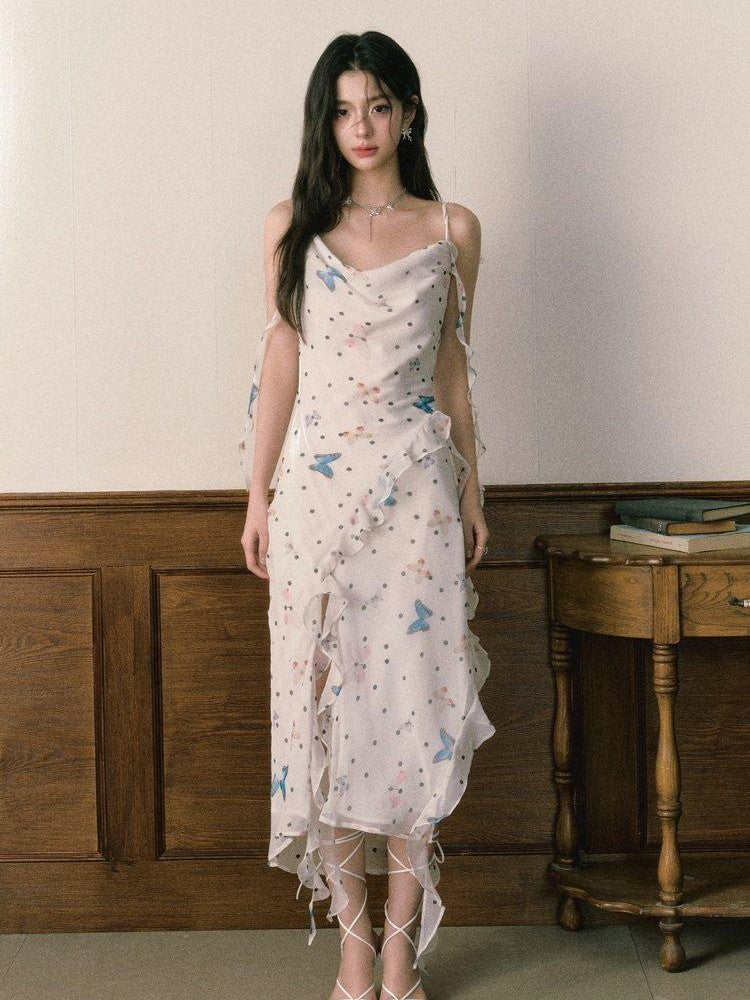1P STUDIO Polka Dot Butterfly Floral Slit Asymmetric Women&