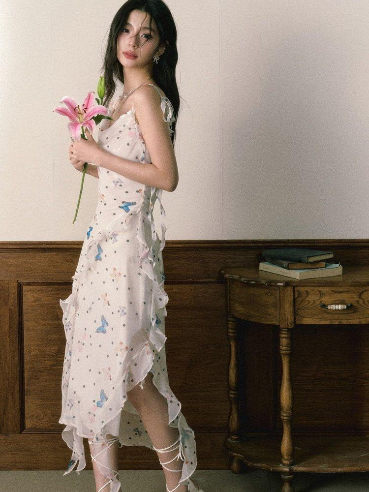 1P STUDIO Polka Dot Butterfly Floral Slit Asymmetric Women&