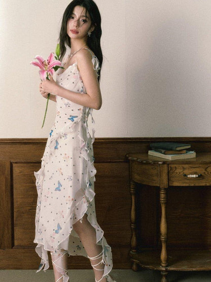 1P STUDIO Polka Dot Butterfly Floral Slit Asymmetric Women&