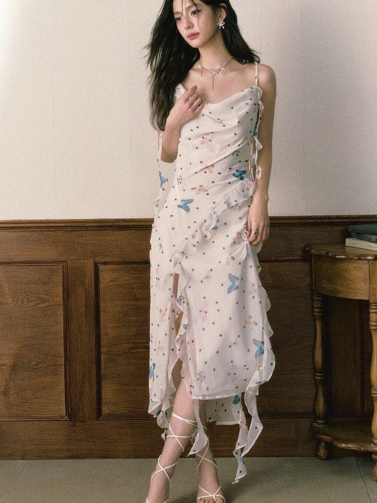 1P STUDIO Polka Dot Butterfly Floral Slit Asymmetric Women&