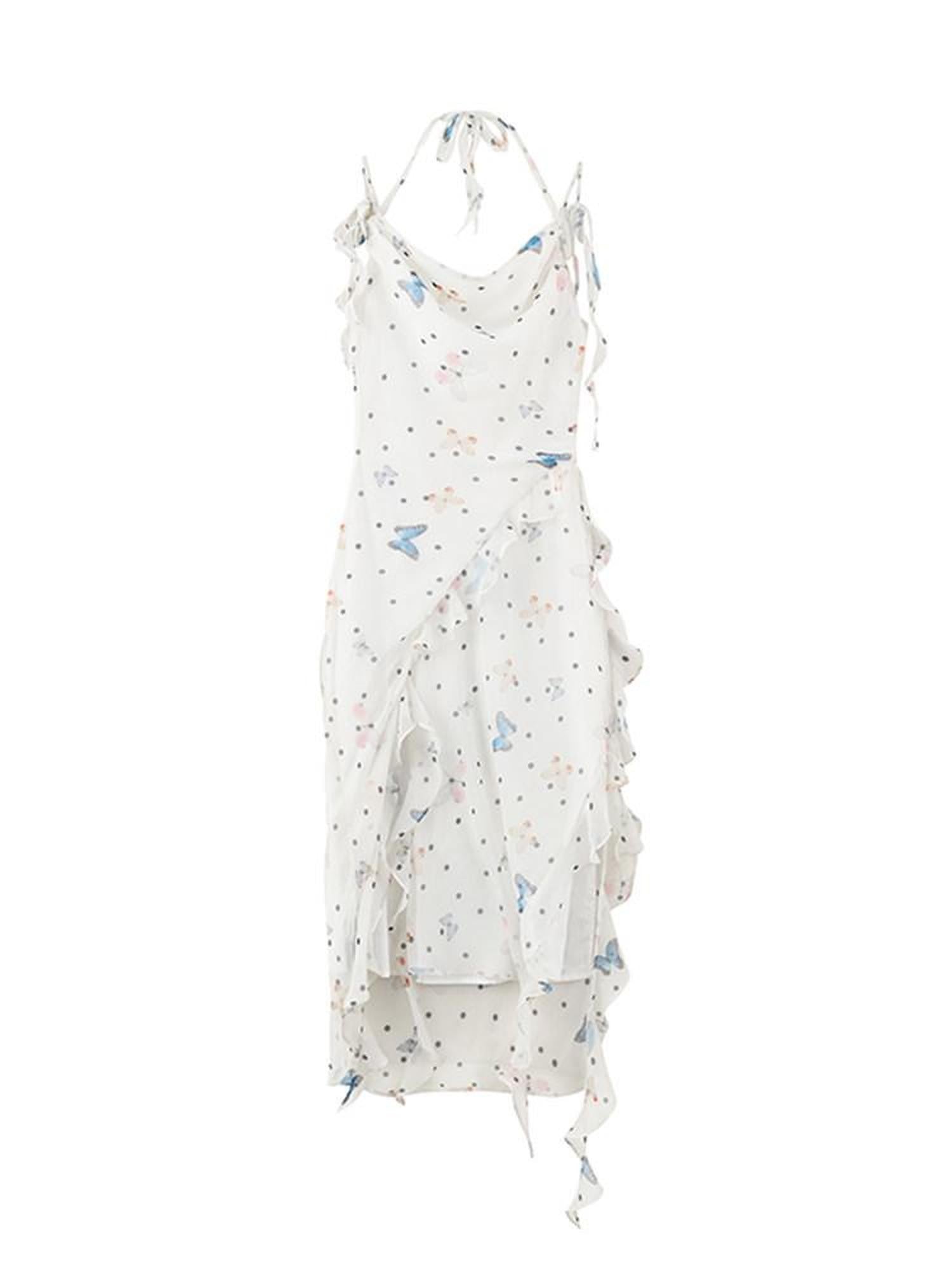 1P STUDIO Polka Dot Butterfly Floral Slit Asymmetric Women&